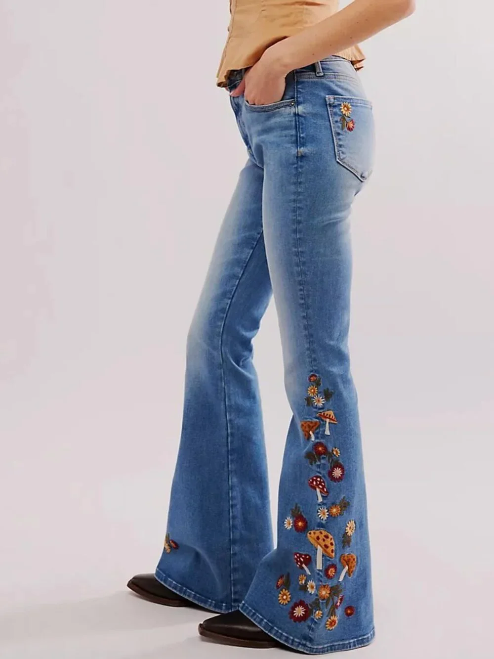 NEW Free People x Driftwood Farrah Embroidered Flare Jeans Mushroom 32